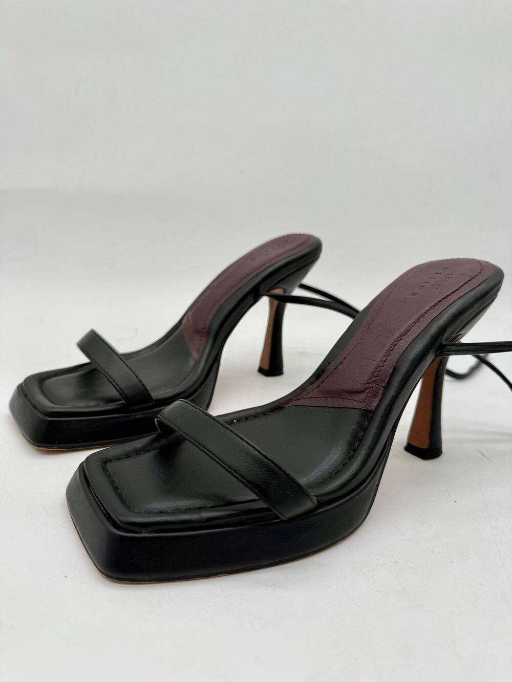 ASOS DESIGN Black Square Toe Platform Heeled Sandals Wrap Ankle Strap Size US 8